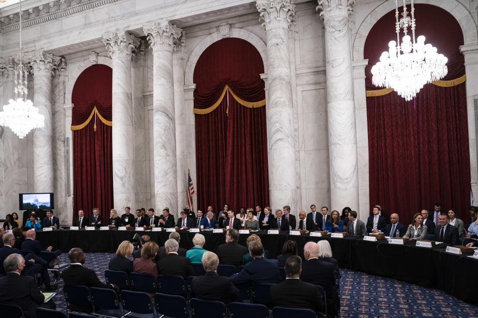 Washington, DC - September 13 : Senate Majority Leader Chuck Schumer (D-N.Y.) hosts a Senate bipartisan Artificial Intelligence (AI) Insight Forum with Elon Musk, CEO of X and Tesla, Mark Zuckerberg, chief executive officer of Meta Platforms Inc., and others in the Kennedy Caucus Room on Capitol Hill on Wednesday, Sept 13, 2023, in Washington, DC. (Photo by Jabin Botsford/The Washington Post via Getty Images)