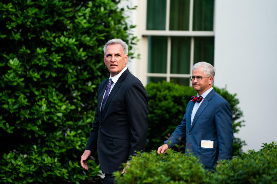 WASHINGTON, DC  May 22, 2023:

House Speaker Kevin McCarthy and US Representative Patrick McHenry (R-NC 10th District) exits to speak with the press following a meeting with US President Joe Biden in the Oval Office of the White House on Monday, May 22, 2023. 
(Photo by Demetrius Freeman/The Washington Post via Getty Images)