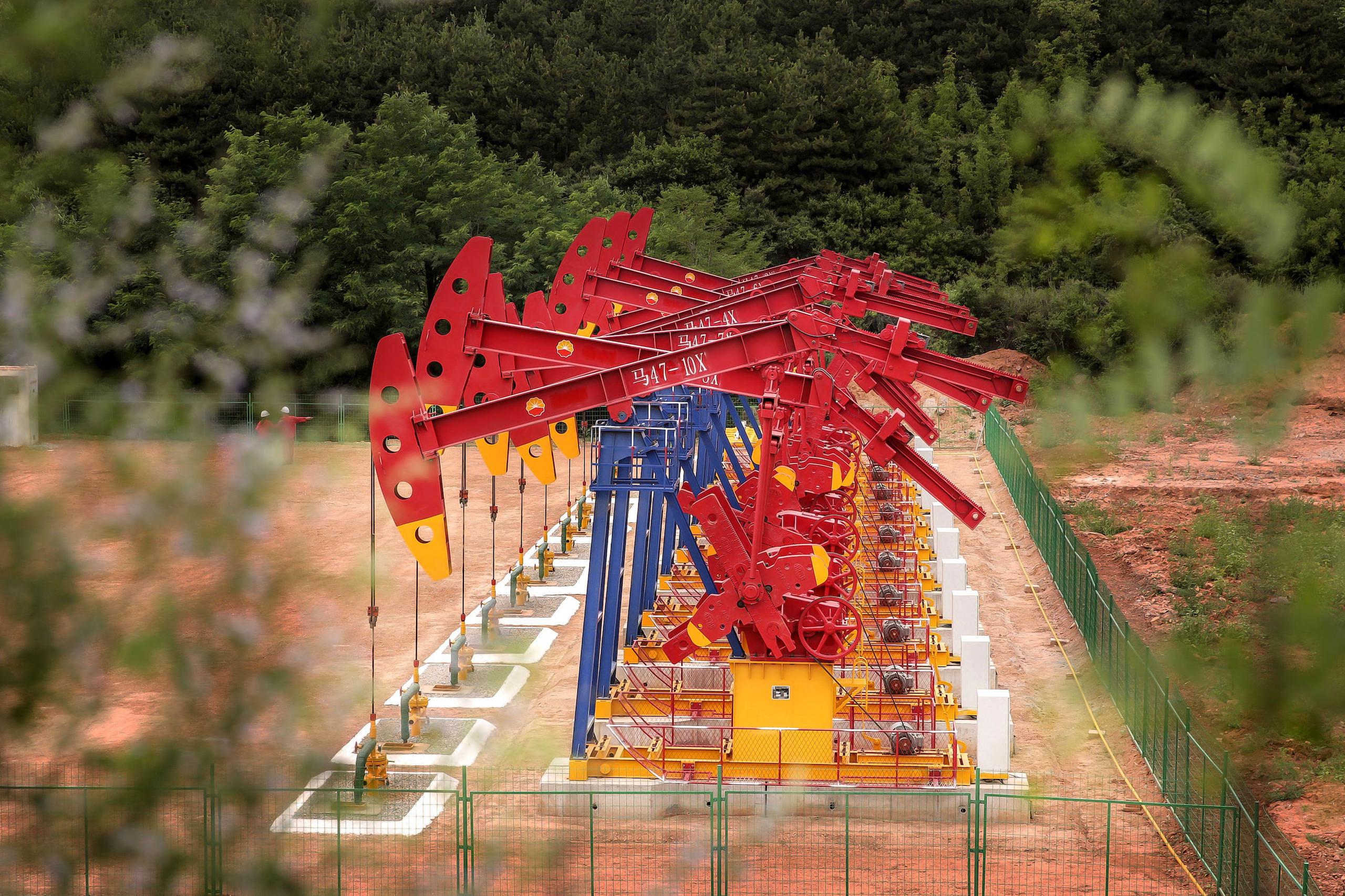 Row of red mining machines seen through trees