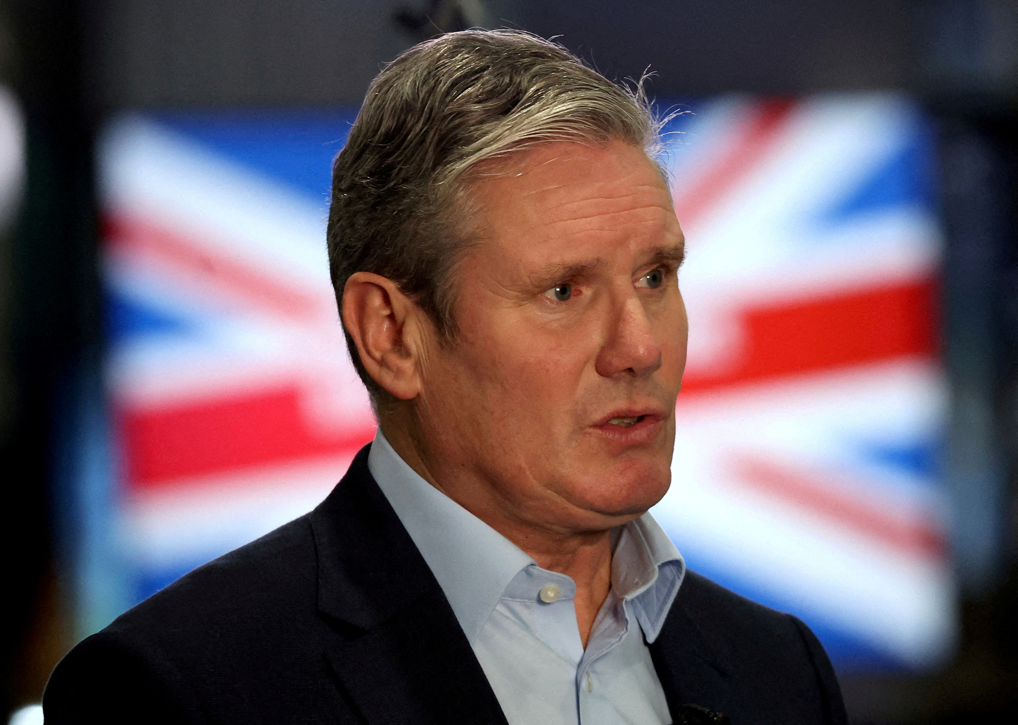 Britain's Labour Party Leader Keir Starmer attends television interviews on the final day of the party's annual conference in Liverpool