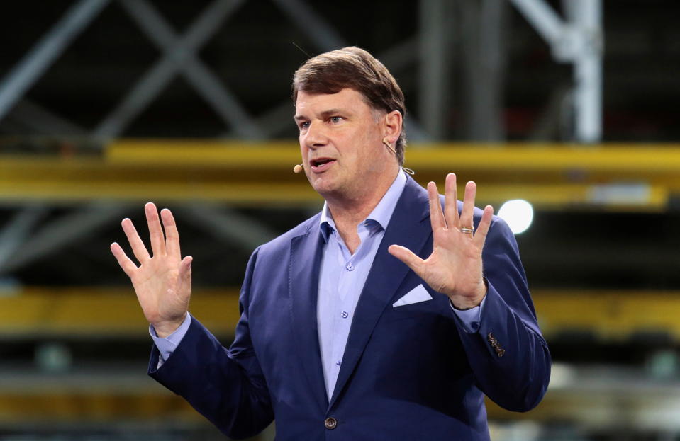 Ford CEO Jim Farley speaks during the official launch of the all-new Ford F-150 Lightning electric pickup truck at the Ford Rouge Electric Vehicle Center in Dearborn, Michigan, U.S. April 26, 2022. REUTERS/Rebecca Cook