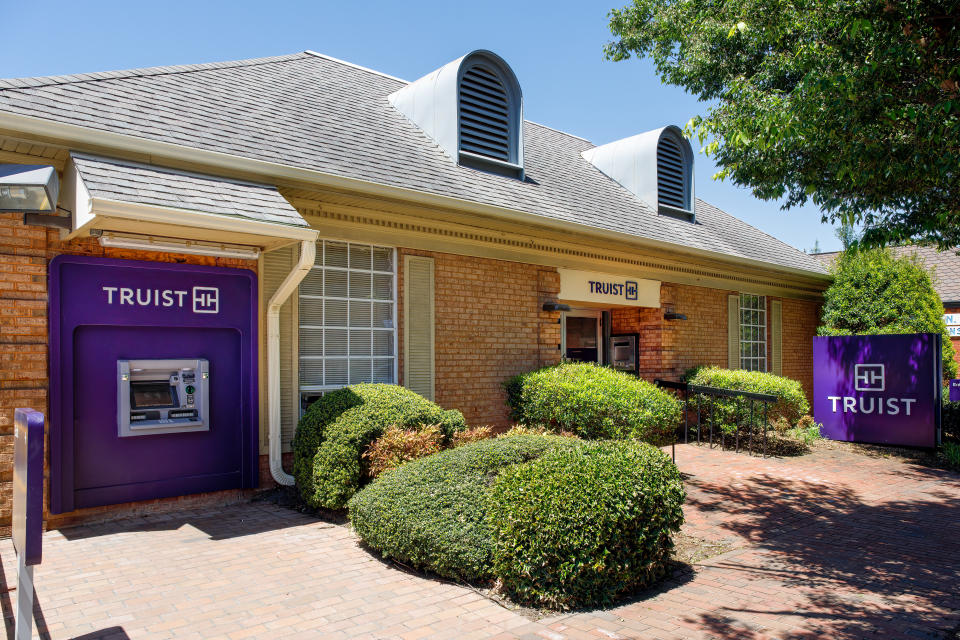 Waynesville, NC, USA-4 May 2023: Truist Branch Bank on Main Street.  Shows entrance, signs and ATM.