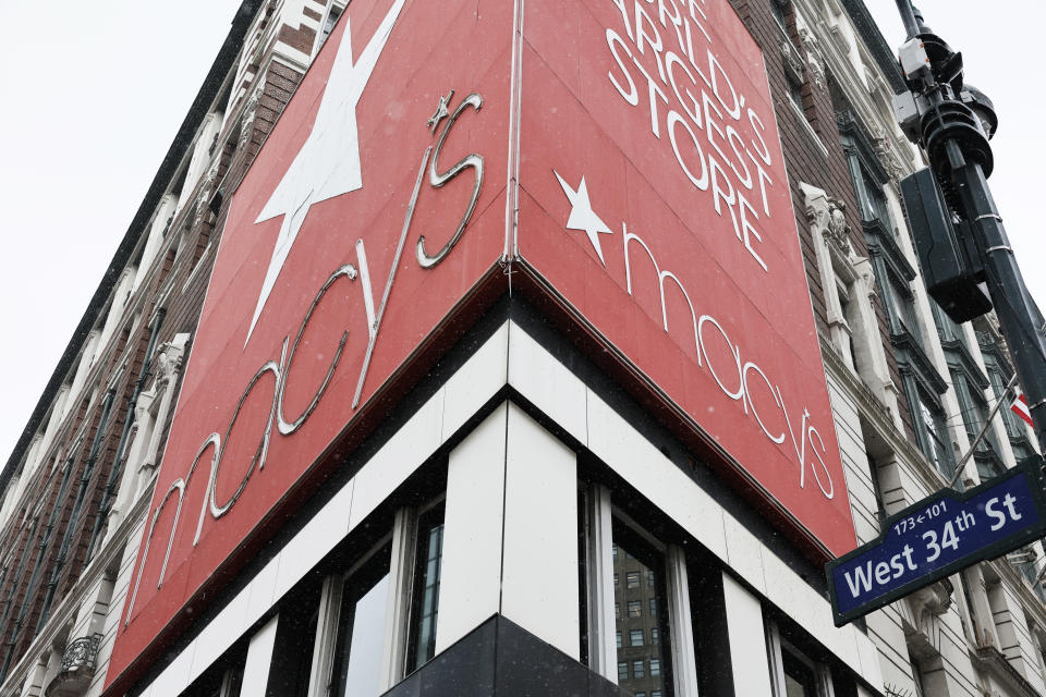 NEW YORK, NEW YORK - JANUARY 19: The Macy's company logo is seen at the Macy's store on Herald Square on January 19, 2024 in New York City. Macy's department-store chain announced that they will be laying off roughly 2,350 employees which is about 3.5% of their workforce. The company says that it will also be closing five stores in order to adjust to the online-shopping era. (Photo by Michael M. Santiago/Getty Images)