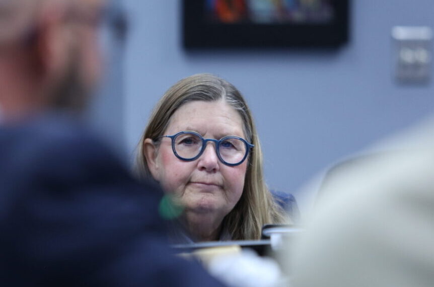 Rep. Linda Duba, D-Sioux Falls, listens to testimony during a Joint Appropriations meeting during the 2024 legislative session. (Joshua Haiar/South Dakota Searchlight)