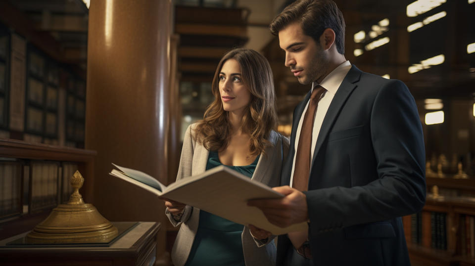 A businesswoman holding a savings account book discussing options with a banker.