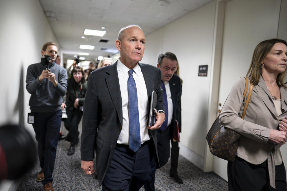 Boeing CEO Dave Calhoun departs after a meeting in the office of Sen. Mark Warner, D-Va., at the Capitol in Washington, Wednesday, Jan. 24, 2024. Part of the Boeing 737 MAX 9 fleet was grounded following a mid-air cabin panel blowout on an Alaska Airlines flight. (AP Photo/J. Scott Applewhite)