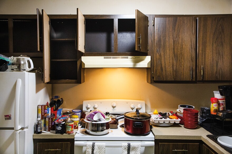 iDishes and food items are placed on Debra Martin’s countertops on Tuesday, Jan. 23, 2023, at Pleasant View Gardens in Ferguson. Martin has moved all of her food and dishes out of her cabinets due to a cockroach infestation in her apartment. 