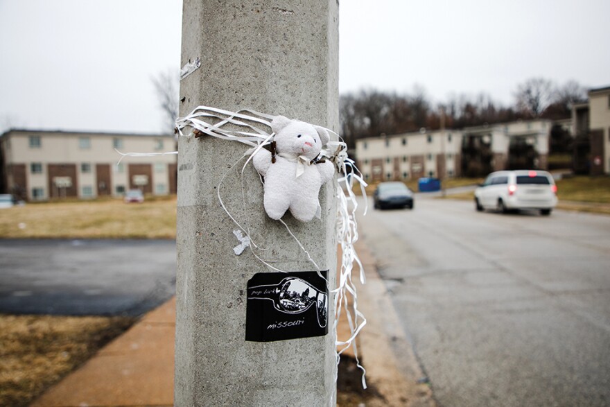 A stuffed animal is tied to a street light near the site of Michael Brown Jr.’s  death on Tuesday, Jan. 23, 2023, at Pleasant View Gardens in Ferguson. Brown was killed by a Ferguson police officer in 2014. 