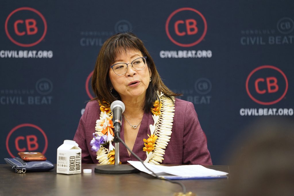 House majority leader Rep. Nadine Nakamura speaks during the Civil Cafe at the Capitol Tuesday, Jan. 23, 2024, in Honolulu. The talk story event was hosted by Civil Beat.