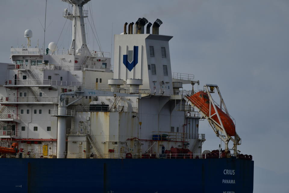 CEUTA, SPAIN - MARCH 05: The vessel CRIUS, before receiving a cargo of oil, on March 5, 2023, in Ceuta, Spain. The vessels CRIUS, ANSHUN II and Nobel, oil tankers chartered by Russian companies, have been detained at sea off the Moroccan coast, ready for another vessel to dock alongside to carry out the operation of transferring oil from Russian ports in the Baltic and the Black Sea. The oil tankers located in the waters near Ceuta are transferring crude oil from Russia to get the product to Asian markets despite Western sanctions. (Photo By Antonio Sempere/Europa Press via Getty Images)