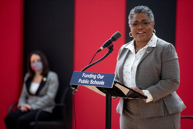 NJ Acting Department of Education Commissioner Angelica Allen-McMillan discusses K-12 school funding in the fiscal year 2022 budget proposal at Thomas Jefferson Middle School in Fair Lawn on February 25, 2021.