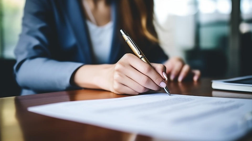 A young woman signing a disability insurance policy contract in her employer's office.