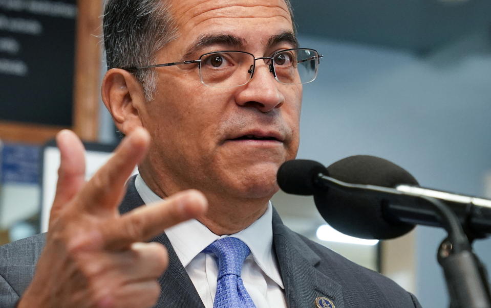 U.S. Health and Human Services Secretary Xavier Becerra speaks during a visit to Grubb's Pharmacy to tout the Medicare Drug Price Negotiation Program under the Inflation Reduction Act, in Washington, U.S., January 12, 2023.  REUTERS/Kevin Lamarque