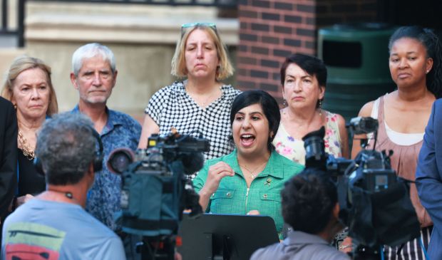 State House Rep. Anna Eskamani delivers remarks during a press conference before the start of the final Orange County Tourist Development Tax Citizen Advisory Task Force meeting, at the Orange County Administration Building in Orlando, Monday, July 17, 2023. (Joe Burbank/Orlando Sentinel)