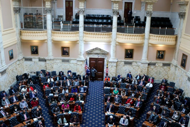 The Maryland House of Delegates gathers in Annapolis, Md., for the first day of a special session on Monday, Dec. 6, 2021, to take up a proposed new congressional map, as well as to vote to override vetoes by Gov. Larry Hogan from the last legislative session. On Thursday, Jan. 27, 2022, the Maryland General Assembly approved new boundaries for its 188 seats.