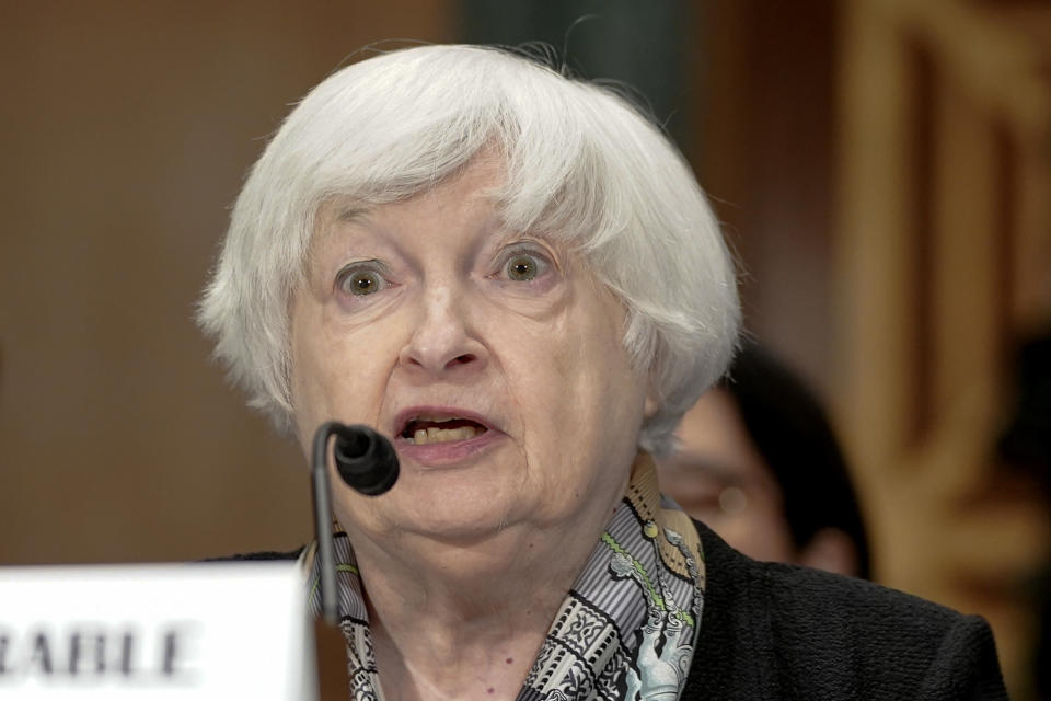 Treasury Secretary Janet Yellen testifies during a Senate Banking, Housing, and Urban Affairs Committee hearing that examines the Financial Stability Oversight Council Annual Report to Congress, Thursday, Feb. 8, 2024, on Capitol Hill, in Washington. (AP Photo/Mariam Zuhaib)