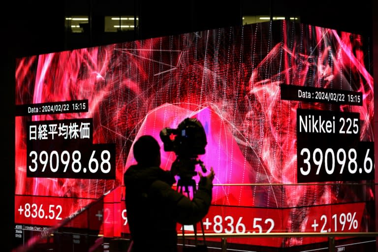 The Nikkei index of the Tokyo Stock Exchange smashed a record that stood since 1989 (Kazuhiro NOGI)