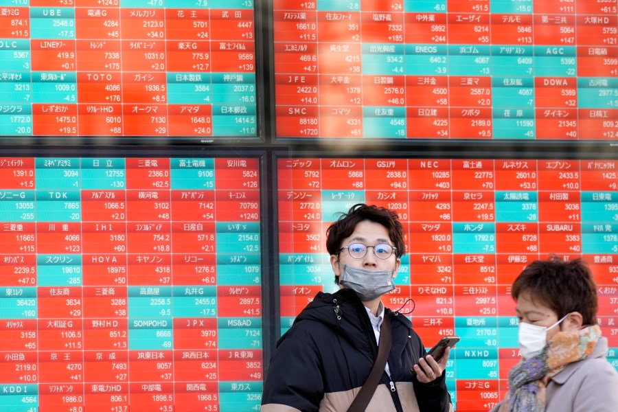 FILE - People stand in front of an electronic stock board showing Japan's stock prices at a securities firm Monday, Feb. 26, 2024, in Tokyo. Asian markets retreated Friday, March 15, with Hong Kong’s benchmark falling nearly 2%, after a mixed batch of data on the U.S. economy dashed hopes that easier interest rates are coming soon.(AP Photo/Eugene Hoshiko, File)