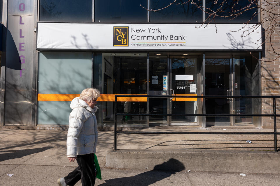 NEW YORK, NEW YORK - FEBRUARY 08: A New York Community Bank stands in Brooklyn on February 08, 2024 in New York City.  New York Community Bancorp, a regional lender, shed about 60% of its value over the past eight days and its credit rating has been downgraded to Junk by Moody's. (Photo by Spencer Platt/Getty Images)