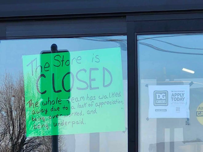 A sign at the Mineral Point Dollar General. Workers walked out in protest of working conditions and donation policies.