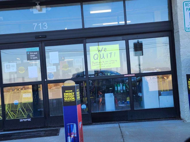 A sign at the Mineral Point Dollar General. Workers walked out in protest of working conditions and donation policies.