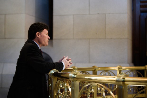 State Sen. John Fonfara, a Hartford Democrat, says there was a lack of oversight over the state treasurer's office in the past. Here, he stands outside the state Senate chamber on the third floor at the state Capitol in 2017.