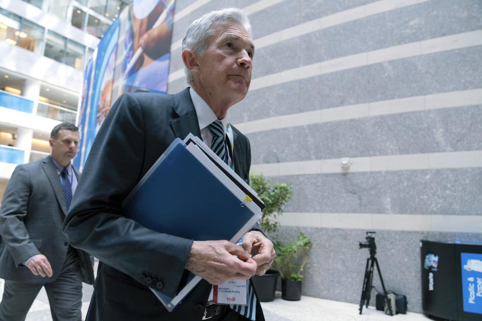 Federal Reserve Chair Jerome Powell leaves the G20 meeting during the World Bank/IMF Spring Meetings at the International Monetary Fund (IMF) headquarters in Washington, Thursday, April 18, 2024. (AP Photo/Jose Luis Magana)