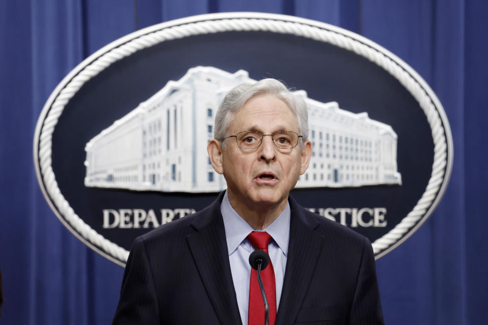 WASHINGTON, DC - MARCH 21: U.S. Attorney General Merrick Garland speaks during a news conference at the Department of Justice Building on March 21, 2024 in Washington, DC. During the news conference Garland and DOJ officials announced the department would be taking action against Apple, claiming that the tech company has an illegal monopoly on smartphones, violating antitrust laws. (Photo by Anna Moneymaker/Getty Images)