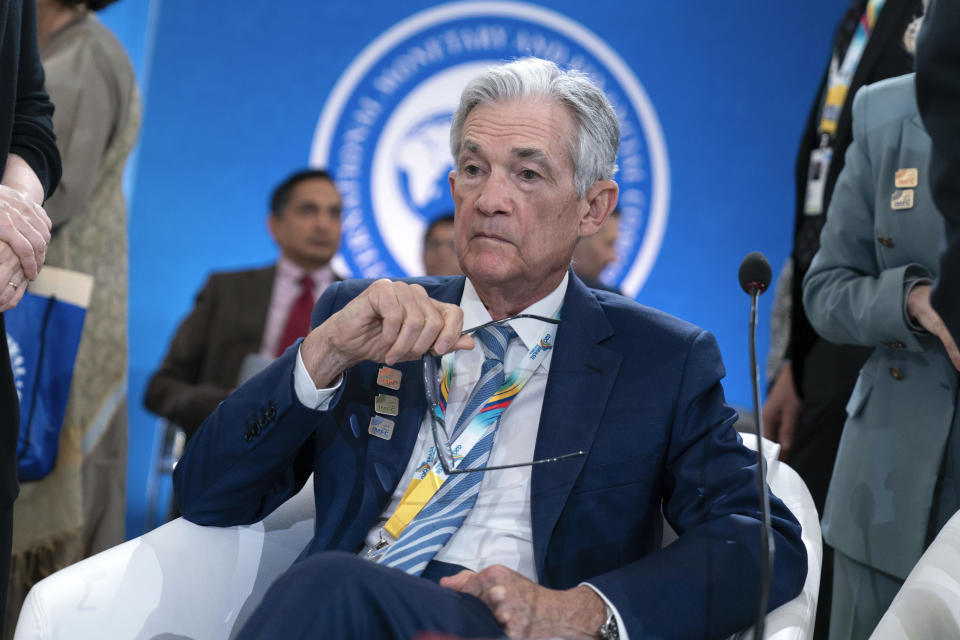 Federal Reserve Chairman Jerome Powell arrives for the plenary session of the International Monetary and Financial Committee (IMFC) meeting, during the World Bank/IMF Spring Meetings at the International Monetary Fund (IMF) headquarters in Washington, Friday, April 19, 2024. (AP Photo/Jose Luis Magana)