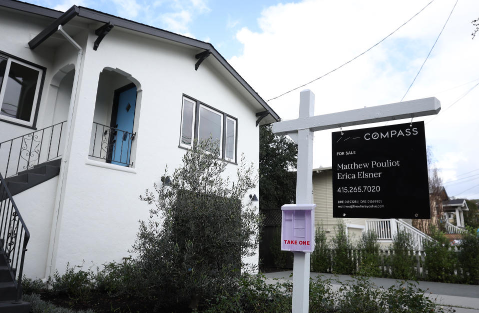 A sign is posted in front of a home for sale on February 05, 2024 in San Anselmo, California. (Credit: Justin Sullivan, Getty Images)