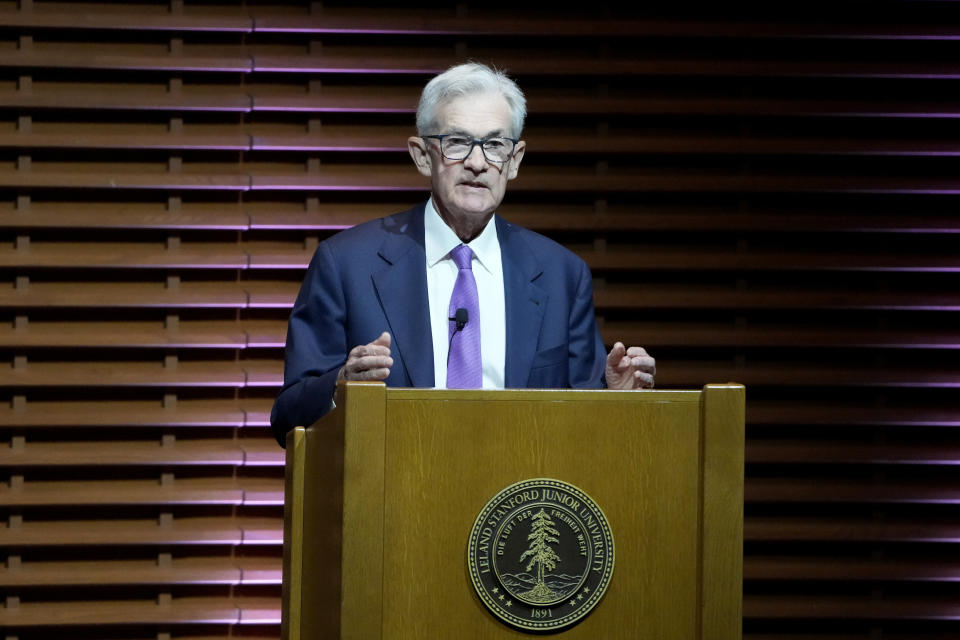 Federal Reserve Board Chair Jerome Powell speaks at the Business, Government and Society Forum at Stanford University in Stanford, Calif., Wednesday, April 3, 2024. (AP Photo/Jeff Chiu)