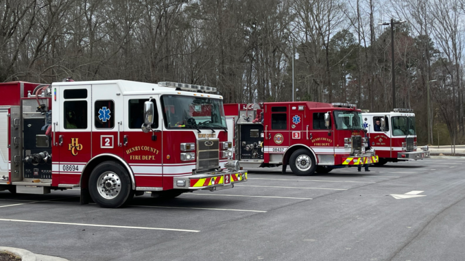 Photo of three Henry County fire engines at North Ola Park (staff photo)