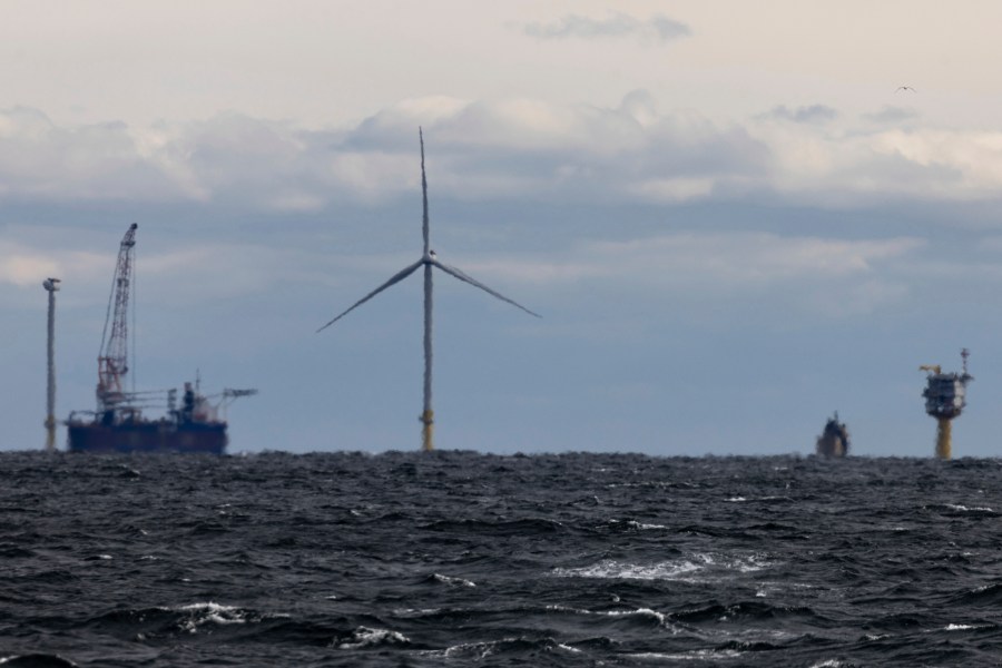 FILE - The first operating South Fork Wind farm turbine, Thursday, Dec. 7, 2023, stands east of Montauk Point, N.Y. South Fork Wind, America's first commercial-scale offshore wind farm, is officially open. (AP Photo/Julia Nikhinson, File)