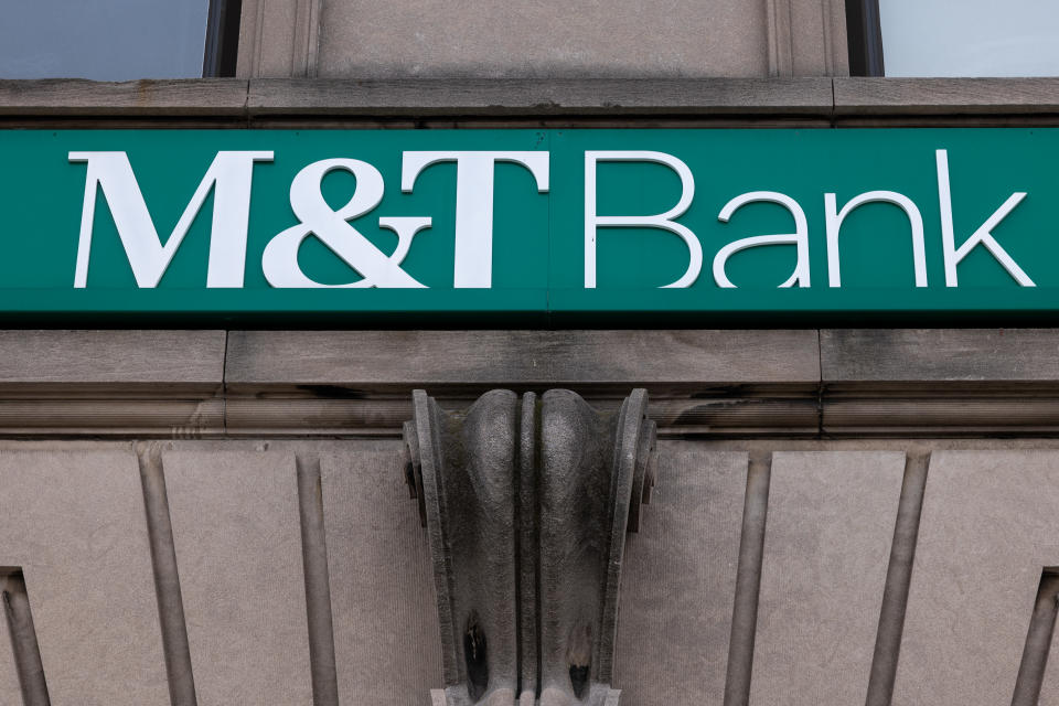 NEW YORK, NEW YORK - APRIL 17: An M&T Bank stands on April 17, 2024 in the Brooklyn borough of New York City. As turmoil in the commercial real estate (CRE) industry continues to roil many financial institutions, M&T Bank posted a 25% drop in first-quarter profit on Monday. (Photo by Spencer Platt/Getty Images)