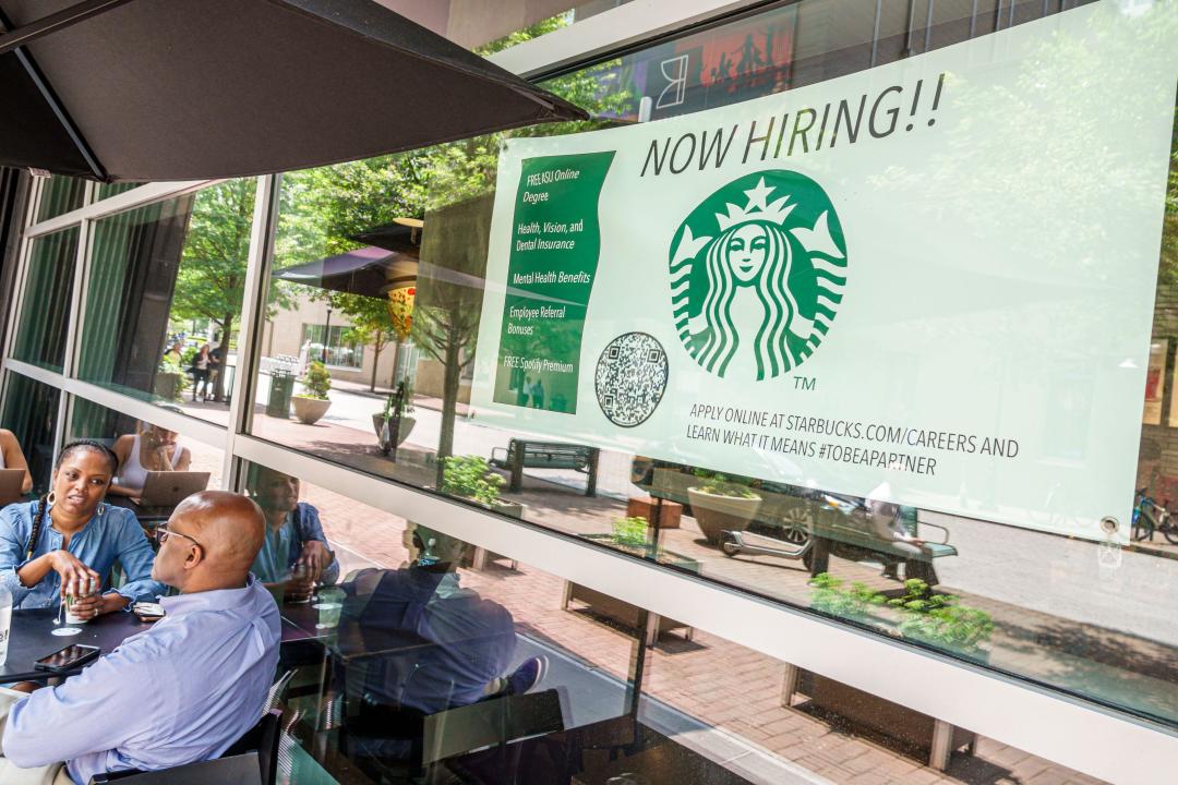 Charlotte North Carolina,Starbucks Coffee,sign notice banner,help wanted now hiring apply online,jobs economy,Black African,ethnic ethnicity,minority,