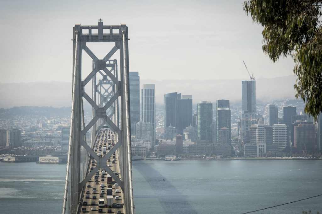 Looking at the western span of the San Francisco Bay Bridge.