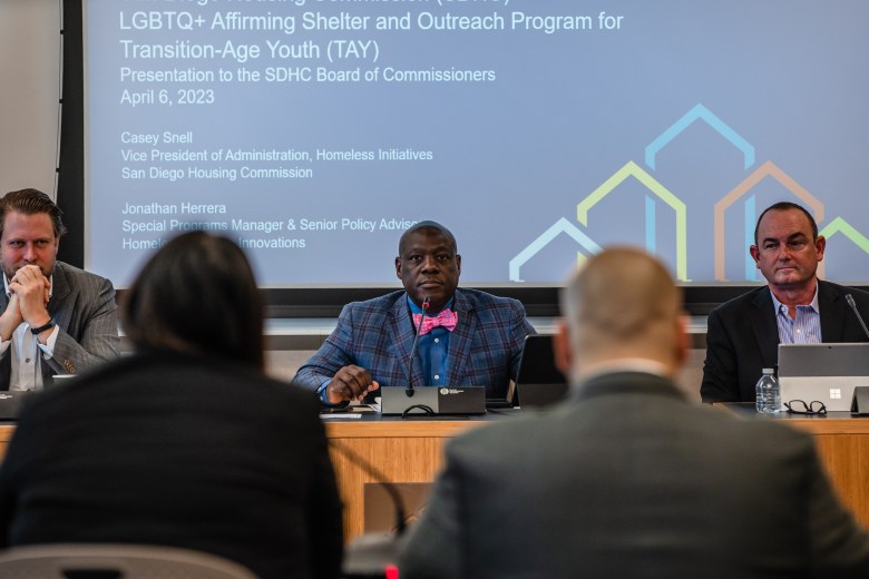 San Diego Housing Commission , Vice Chair Ryan Clumpner (left), Commissioner Eugene “Mitch” Mitchell (center), during a LGBTQ+ Affirming TAY Shelter and Outreach Program presentation in downtown on April 6, 2023.