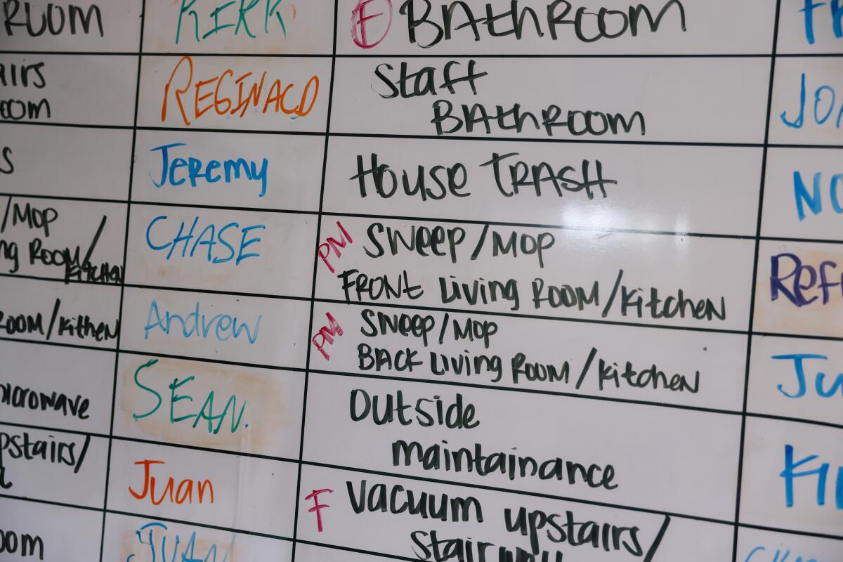 A whiteboard shows a list of chores on a grid with people's names written beside them in various marker colors