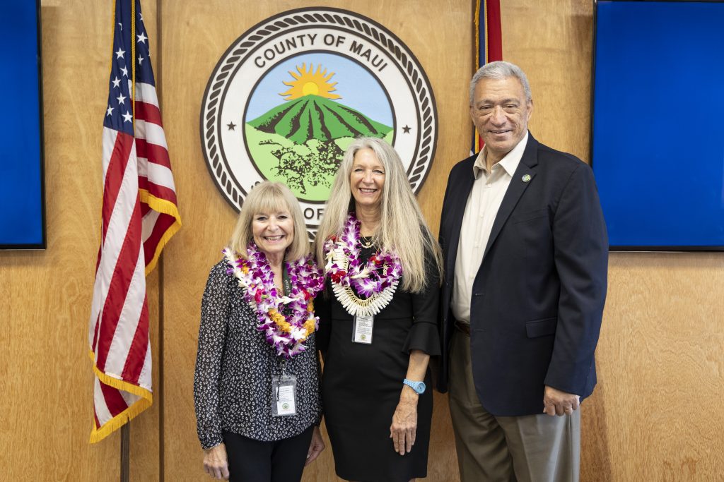 Maui Mayor Richard Bissen, right, appointed Marcy Martin, center, on Wednesday as acting finance director and Maria Zielinski, left, as deputy finance director. (Maui County/2024)