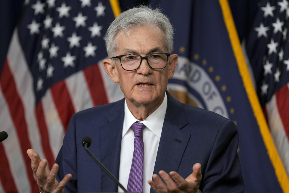 FILE - Federal Reserve Board Chair Jerome Powell speaks during a news conference at the Federal Reserve in Washington, May 1, 2024. On Wednesday, June 12, 2024, the Federal Reserve will end its latest meeting by issuing a policy statement, updating its economic and interest-rate projections and holding a news conference with Powell.(AP Photo/Susan Walsh, File)