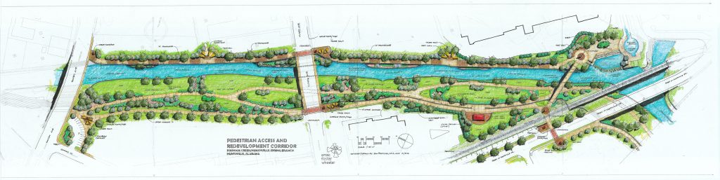 horizontal rendering of creek surrounded by green space