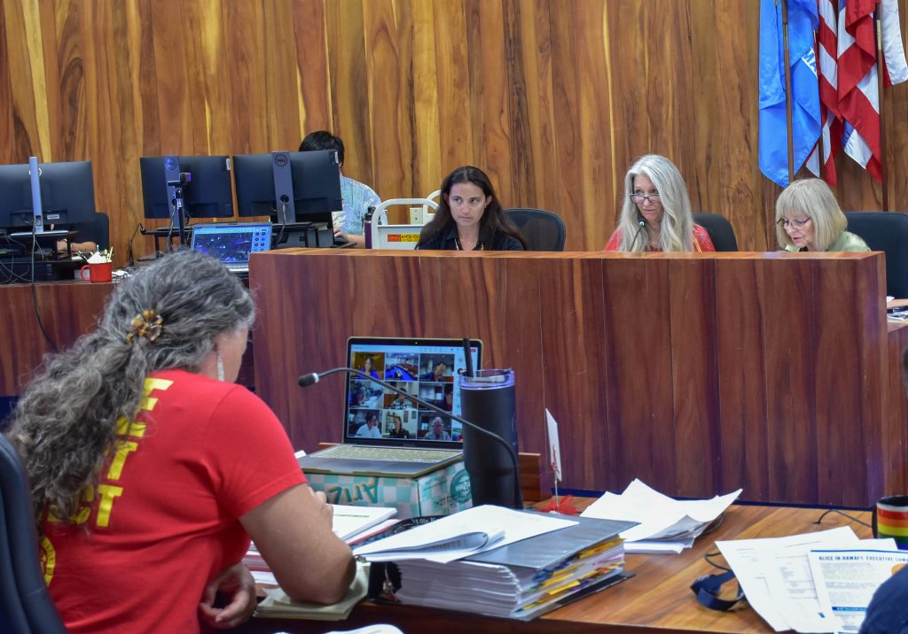 Council member Tamara Paltin asks questions about the proposed tax rates to Acting Finance Director Maria Zielinski (left) and Administrator Marcy Martin of the Real Tax Property Division. (Cammy Clark/Civil Beat/2024)