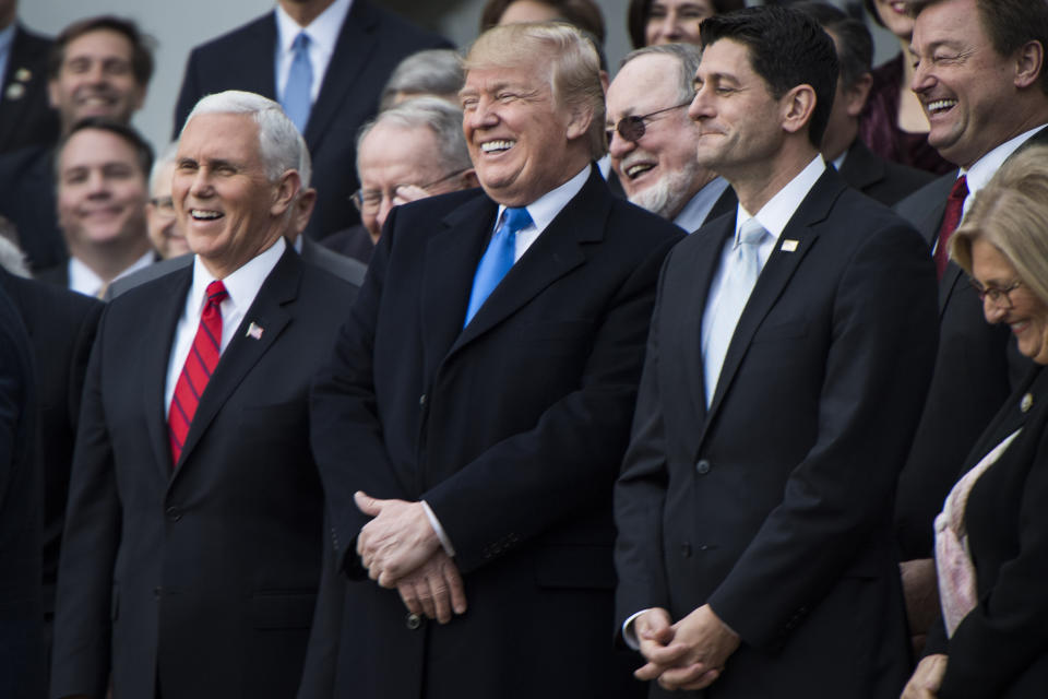 WASHINGTON, DC - DECEMBER 20: President Donald Trump with Vice President Mike Pence, and House Speaker Paul Ryan of Wis., speaks about the passage of the tax bill on the South Lawn at the White House in Washington, DC on Wednesday, Dec. 20, 2017. (Photo by Jabin Botsford/The Washington Post via Getty Images)