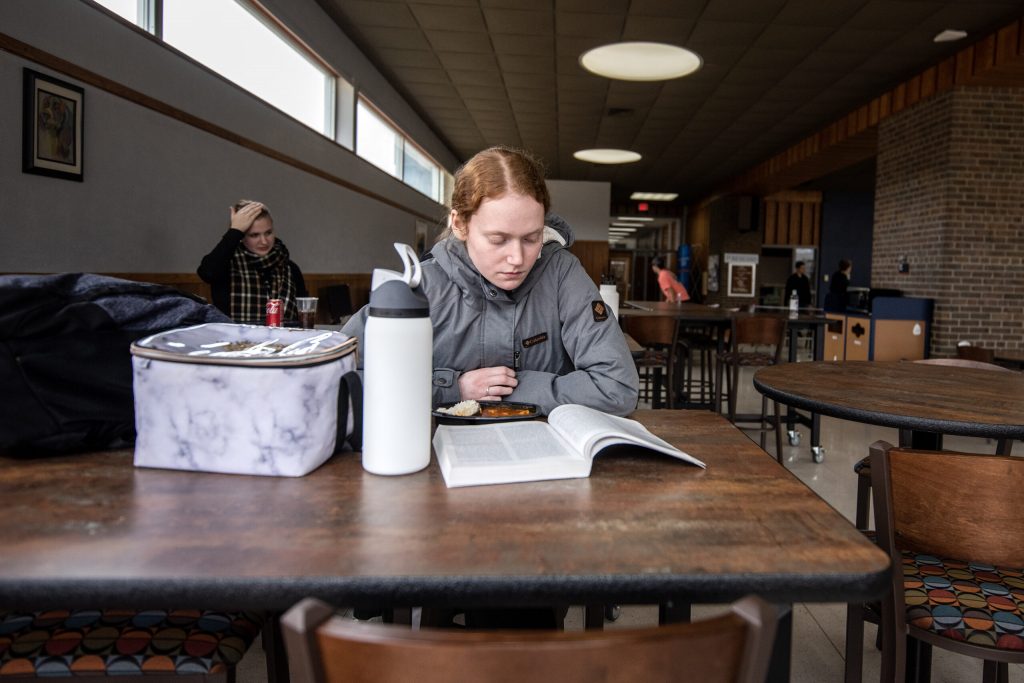 Biology student Aliyah Sander studies in the student center in between classes Wednesday, March 8, 2023, at University of Wisconsin-Platteville Richland in Richland Center, Wis. Angela Major/WPR