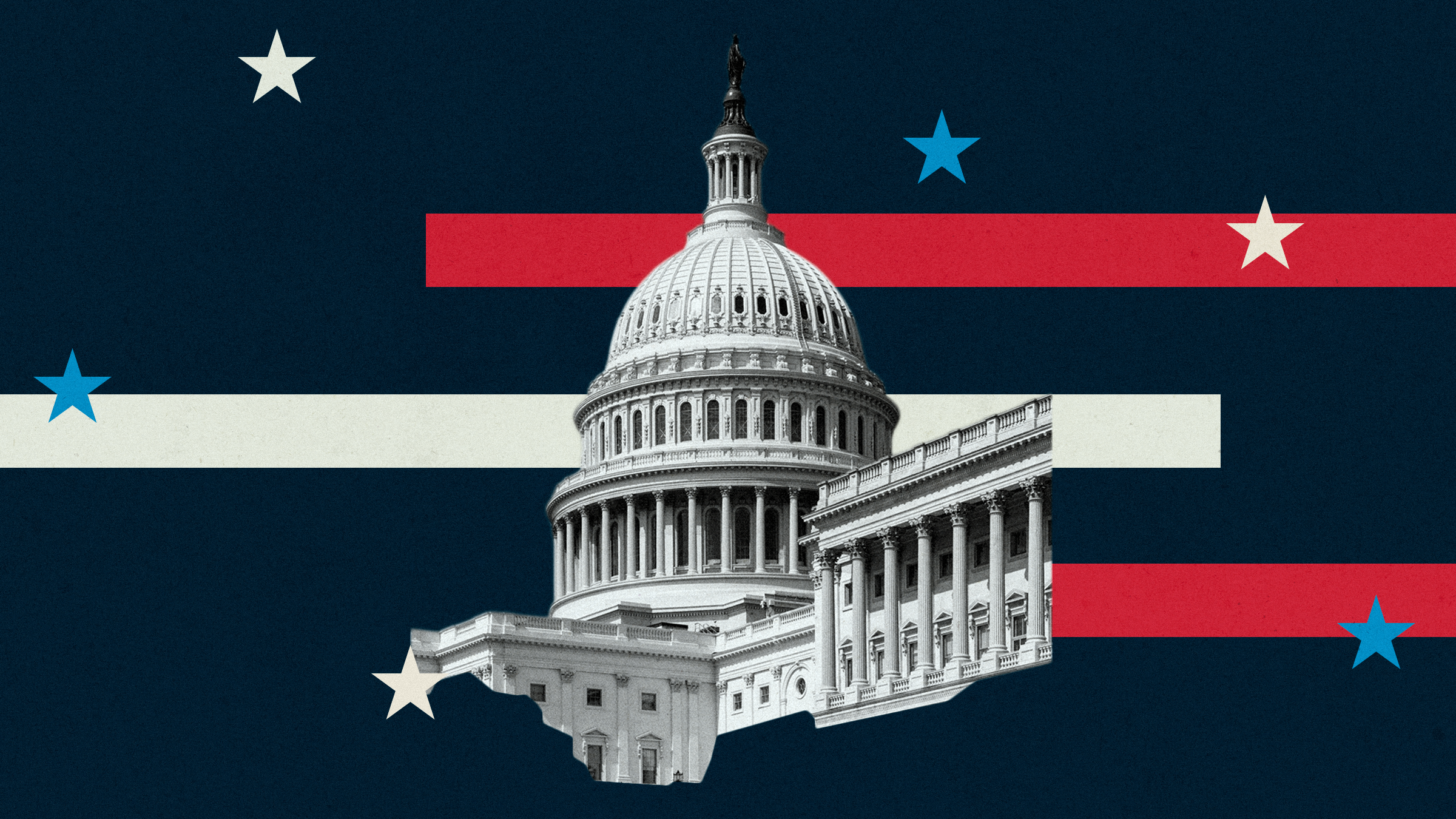 Capitol building with red and white stripes, and blue and white stars backdrop.