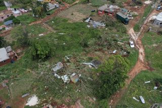 An aerial view of debris and damaged homes from when Hurricane Beryl passed through the area on July 05, 2024 in Saint Elizabeth Parish, Jamaica.