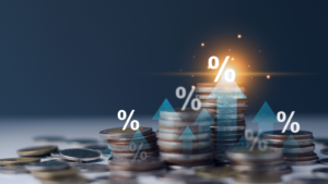 Interest rate and dividend concept. Businessman with percentage symbol and up arrow, Interest rates continue to increase, return on stocks and mutual funds, long term investment for retirement. Dividend stocks