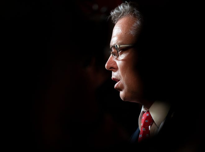 U.S. Rep. Andy Ogles addresses his supporters after winning the Republican nomination for a second term at an election night returns party at Ludlow & Prime in Franklin, Tenn., Thursday night, Aug. 1, 2024.