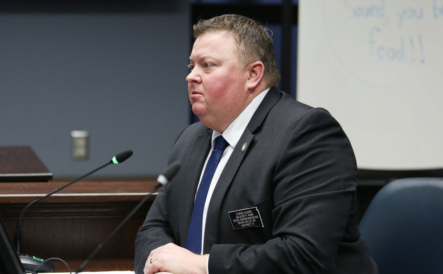 Rep. Chris Karr, R-Sioux Falls, speaks to the Senate Committee on Appropriations on Jan. 18, 2024. (Makenzie Huber/South Dakota Searchlight)