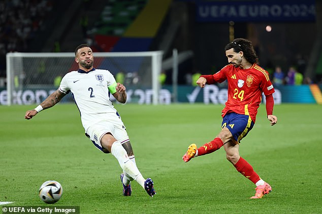 Walker (left) believes he could have been 'a bit quicker' to shut down Marc Cucurella (right) who set up Mikel Oyarzabal for the winner